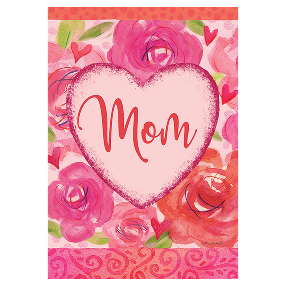 Heart-shaped card design decorative garden banner with 'Mom' text surrounded by pink roses on a pink background