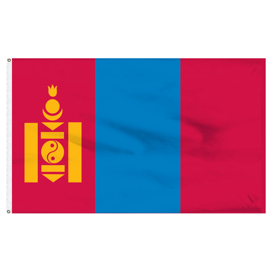Mongolian flag with a red and blue design featuring a yellow emblem on a white background