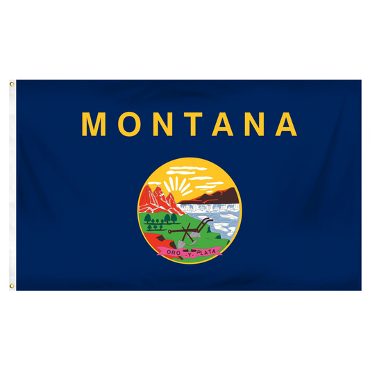 State of Montana flag with 'MONTANA' printed in large, gold all-caps letters across the top. Centered below the text is the full-color state seal, depicting a landscape with the Rocky Mountains, the Great Falls of the Missouri River, a plow, a shovel, and a pick. A ribbon at the bottom of the seal reads the Spanish motto 'ORO Y PLATA'.