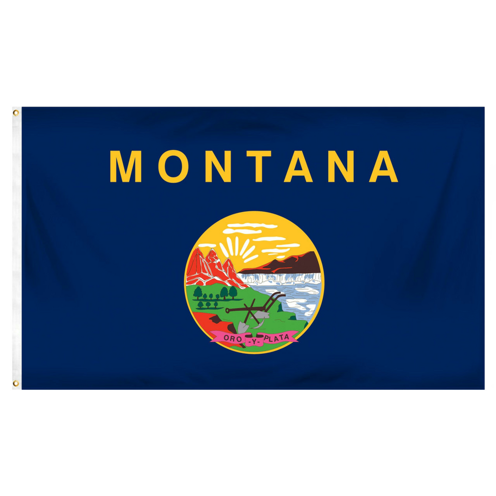 State of Montana flag with 'MONTANA' printed in large, gold all-caps letters across the top. Centered below the text is the full-color state seal, depicting a landscape with the Rocky Mountains, the Great Falls of the Missouri River, a plow, a shovel, and a pick. A ribbon at the bottom of the seal reads the Spanish motto 'ORO Y PLATA'.