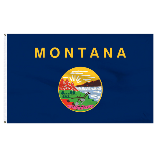 State of Montana flag with 'MONTANA' printed in large, gold all-caps letters across the top. Centered below the text is the full-color state seal, depicting a landscape with the Rocky Mountains, the Great Falls of the Missouri River, a plow, a shovel, and a pick. A ribbon at the bottom of the seal reads the Spanish motto 'ORO Y PLATA'
