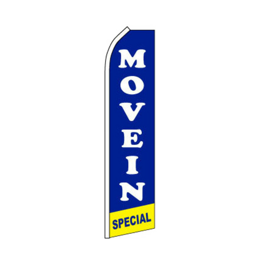 Blue feather flag with 'Move In Special' text on a white background
