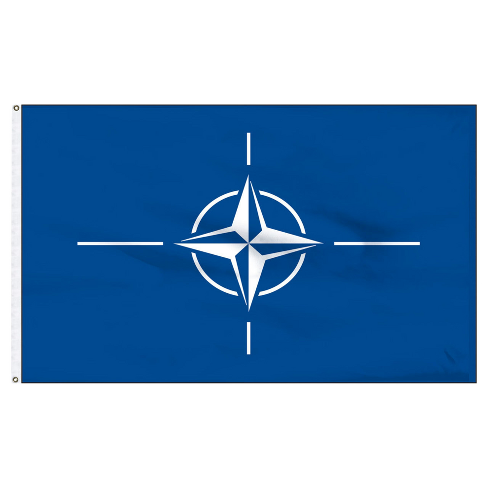 NATO flag with blue background and white compass star emblem