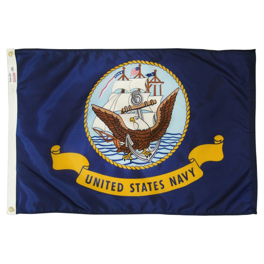 United States Navy flag with the official seal in the center, featuring a blue field, gold banner reading UNITED STATES NAVY, and an eagle, ship, and anchor emblem.