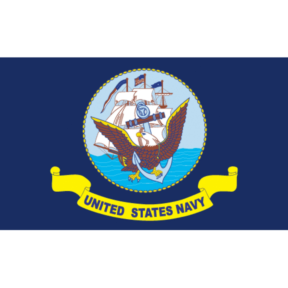 United States Navy flag with emblem and text on a blue background