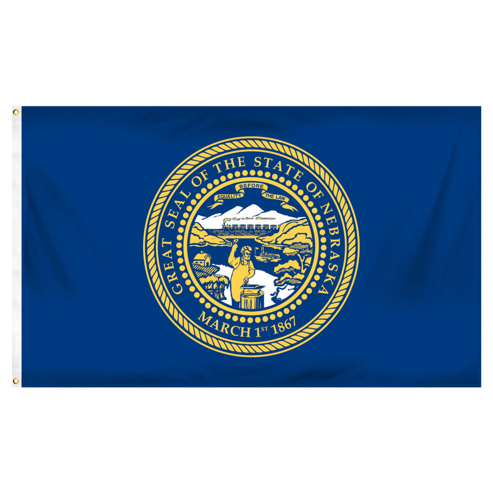State of Nebraska state flag featuring the gold and silver state seal with the motto 'Equality Before the Law' on a solid dark blue field. Seal includes a steamboat on a river, a train moving across mountains, a blacksmith at work, and a settler's cabin.