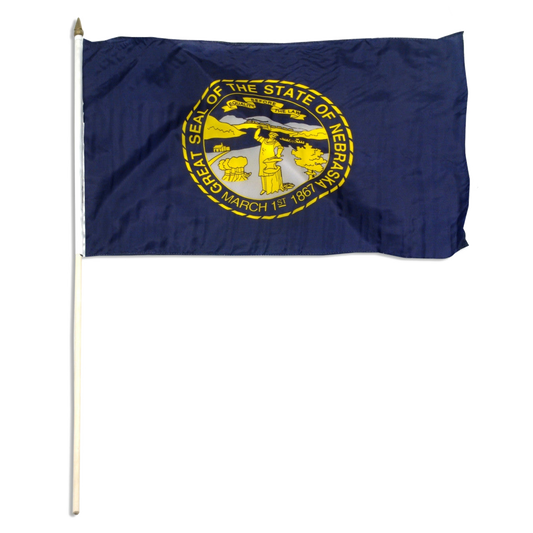 State of Nebraska state stick flag featuring the gold and silver state seal with the motto 'Equality Before the Law' on a solid dark blue field. Seal includes a steamboat on a river, a train moving across mountains, a blacksmith at work, and a settler's cabin.