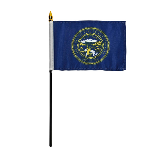 Blue Nebraska state stick flag with yellow emblem on a white background