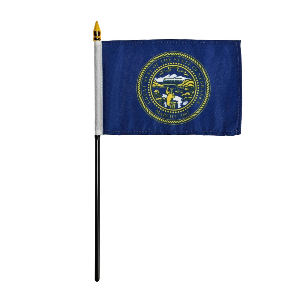 Blue Nebraska state stick flag with yellow emblem on a white background