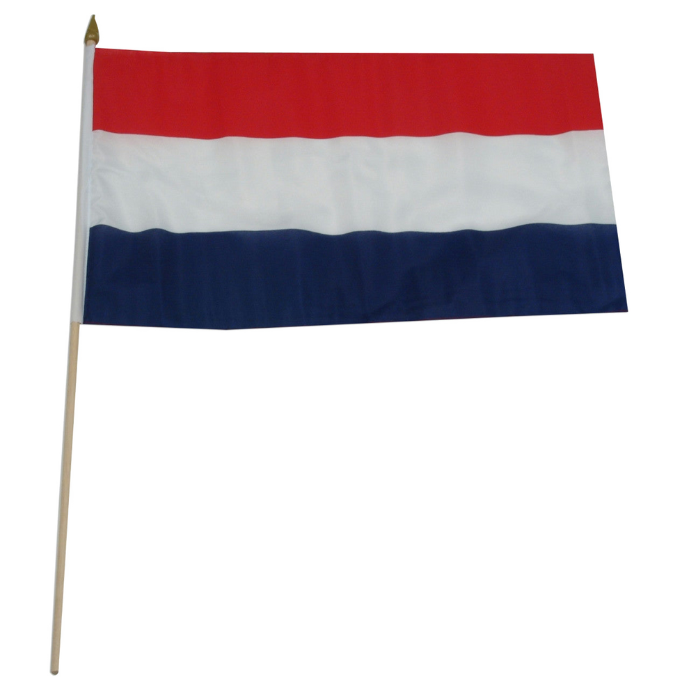 Netherlands national flag on a stick with red, white, and blue stripes on a white background