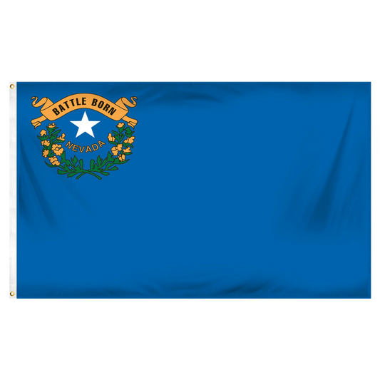 State of Nevada flag featuring the silver star, sagebrush wreath, and 'Battle Born' gold scroll emblem on a solid cobalt blue field.