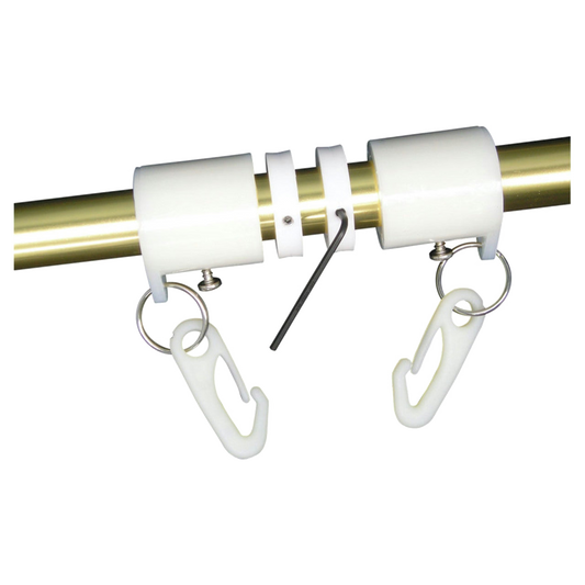 White flagpole mounting rings with snap hooks attached to a gold pole.