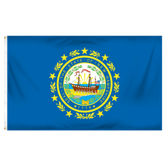State of New Hampshire flag featuring the full-color state seal with the frigate Raleigh, a laurel wreath, and 'Seal of the State of New Hampshire 1776' text on a solid dark blue field.