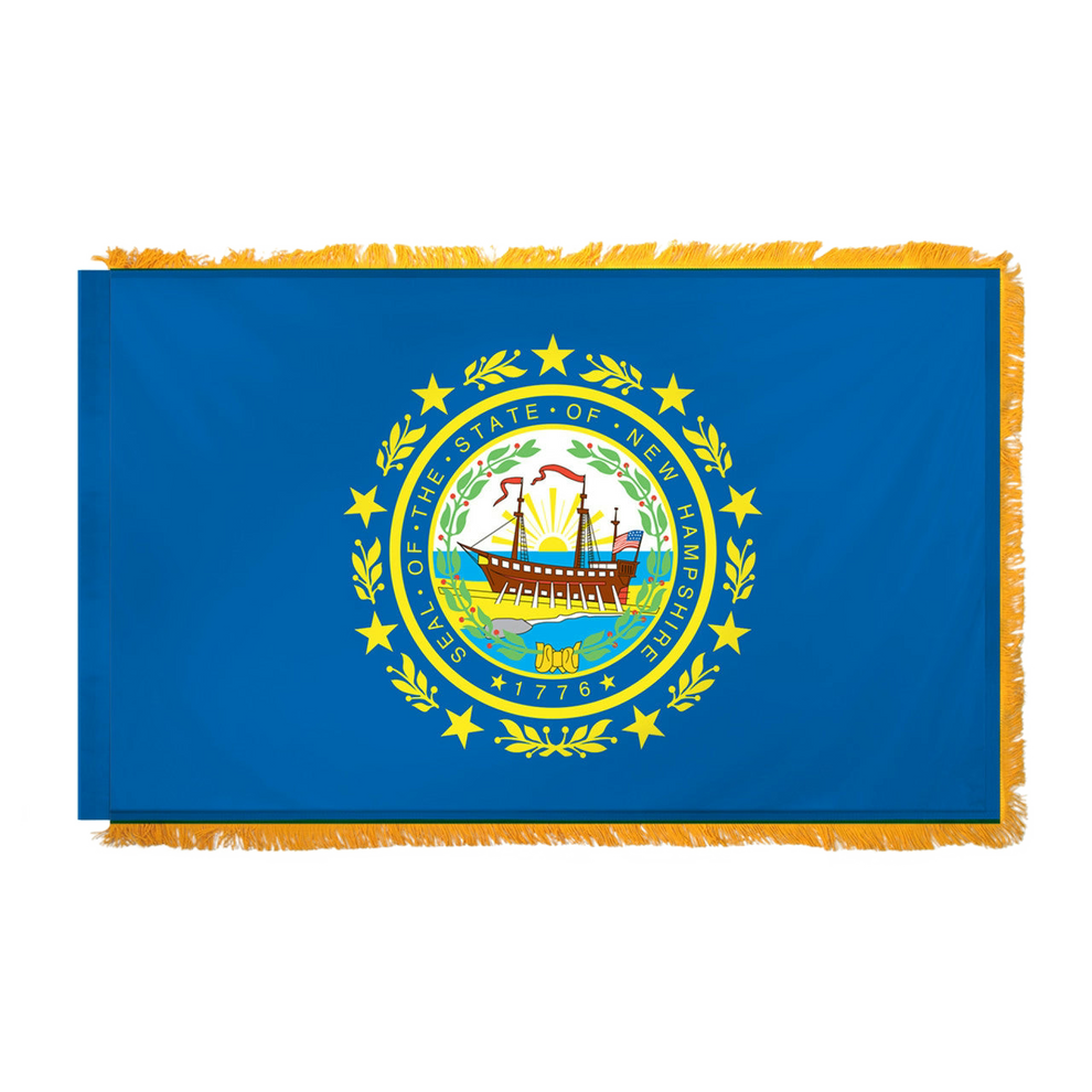 State of New Hampshire flag featuring the full-color state seal with the frigate Raleigh, a laurel wreath, and 'Seal of the State of New Hampshire 1776' text on a solid dark blue field. This flag features yellow fringe.