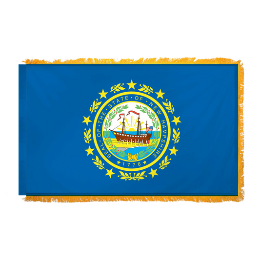 State of New Hampshire flag featuring the full-color state seal with the frigate Raleigh, a laurel wreath, and 'Seal of the State of New Hampshire 1776' text on a solid dark blue field. This flag features yellow fringe.