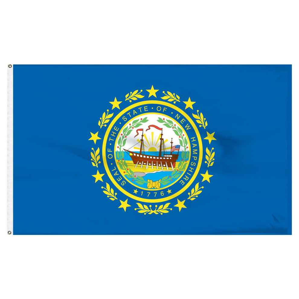 State of New Hampshire flag featuring the full-color state seal with the frigate Raleigh, a laurel wreath, and 'Seal of the State of New Hampshire 1776' text on a solid dark blue field.