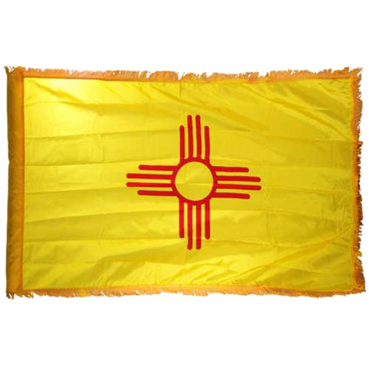 New Mexico flag with a red symbol on a yellow background