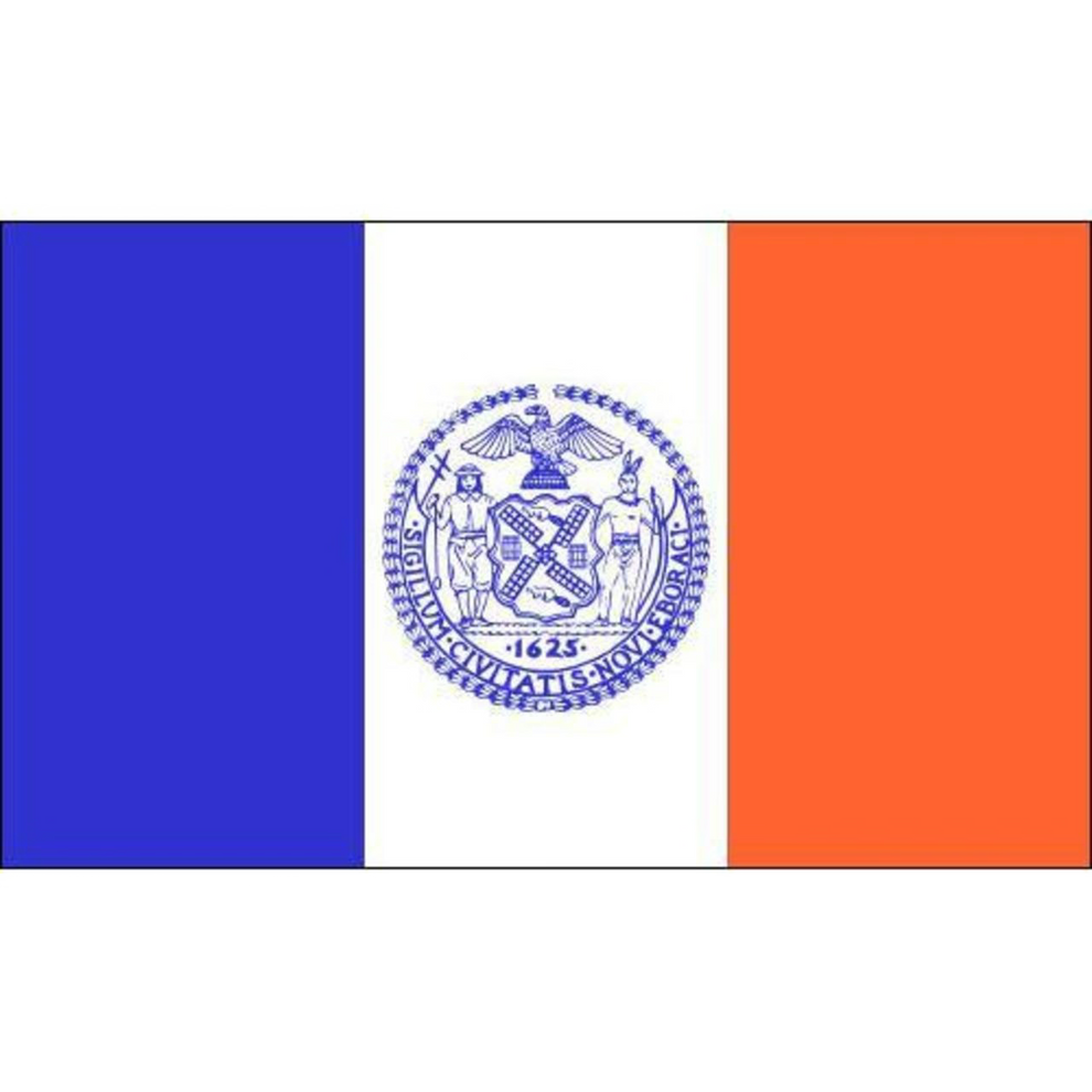 New York City flag with blue, white, and orange sections featuring a central emblem.