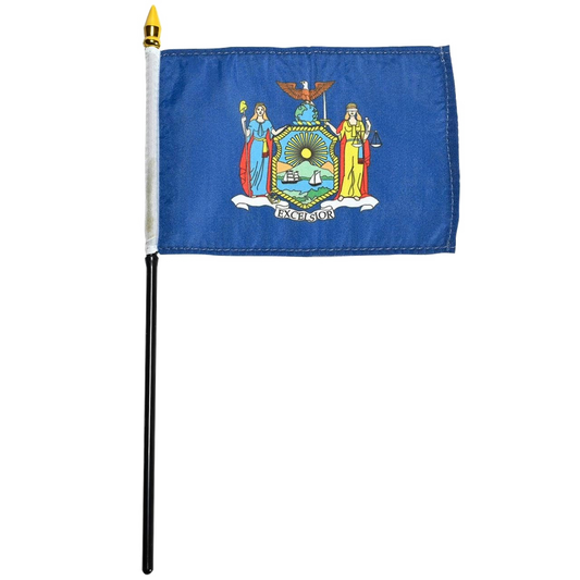 New York state flag on a small black stick with a gold tip