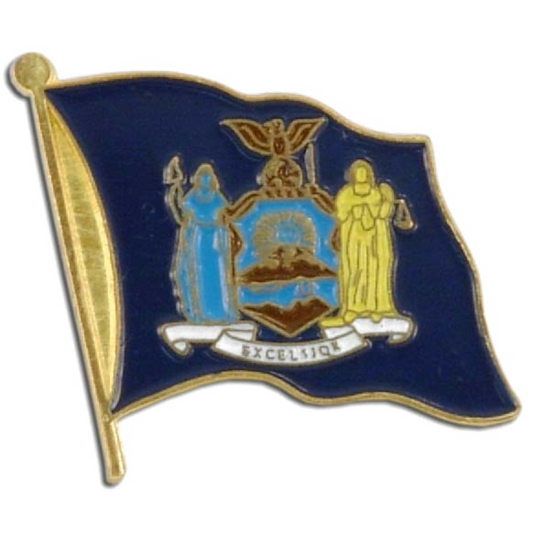Pin with a design resembling the New York state flag on a white background