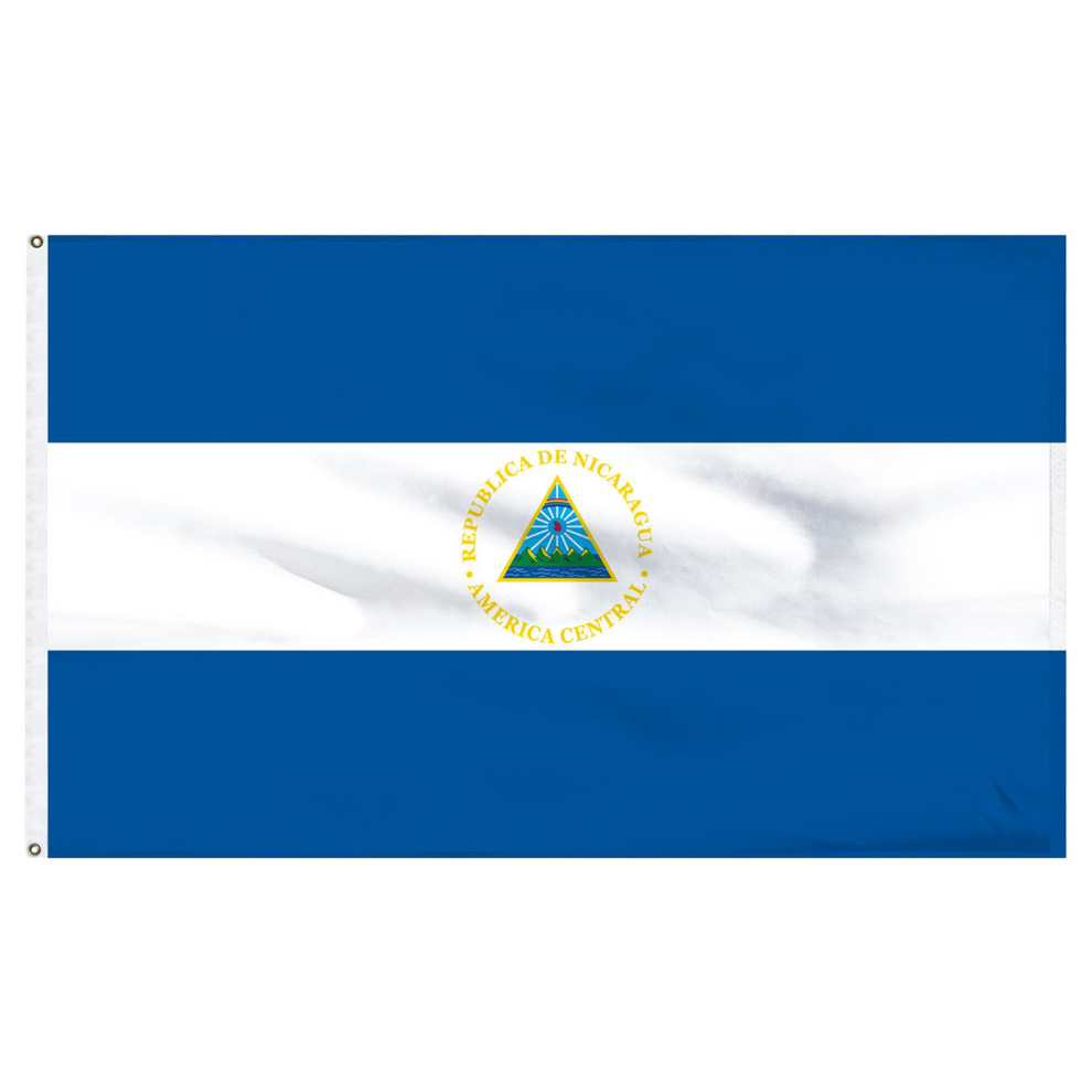 Flag of Nicaragua with blue and white stripes and a central emblem.