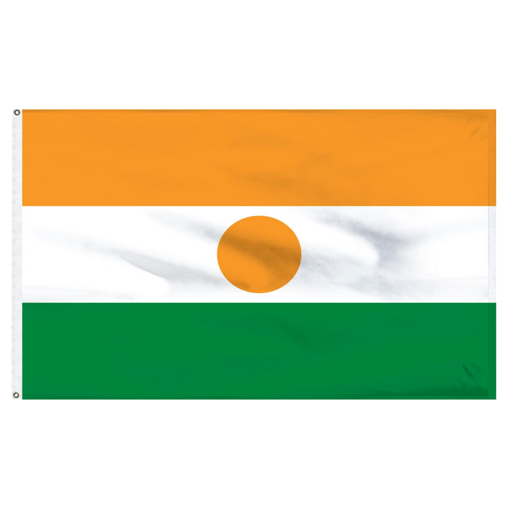 Nigerian flag with orange, white, and green horizontal stripes and an orange circle in the center on a white background
