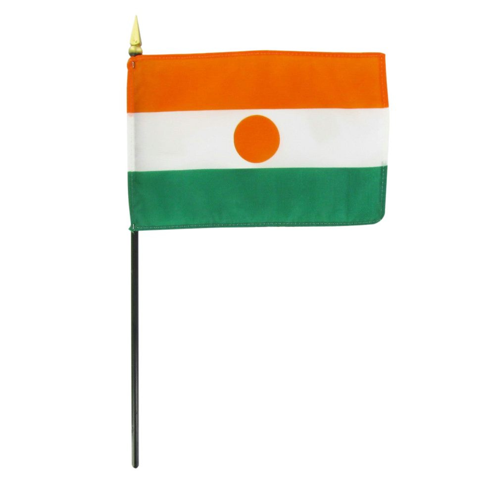 Flag of Niger with three horizontal stripes: orange, white, and green. Features an orange circle in the middle.