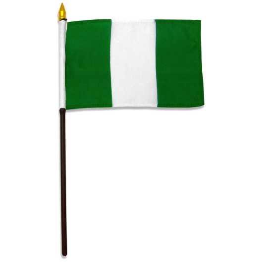 Nigerian green and white flag with a brown pole on a white background