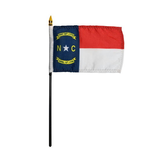 State of North Carolina stick flag featuring the blue, red, and white panels with the gold star, 'NC' initials, and historic dates.