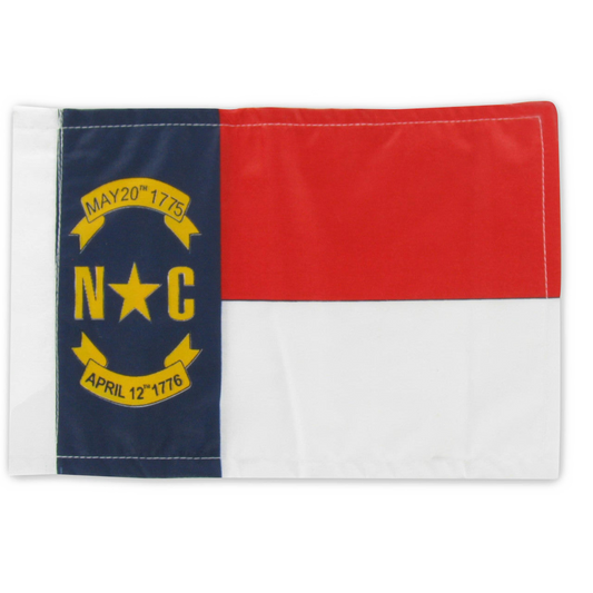 North Carolina motorcycle flag with blue, red, and white sections featuring yellow text and stars on a white background