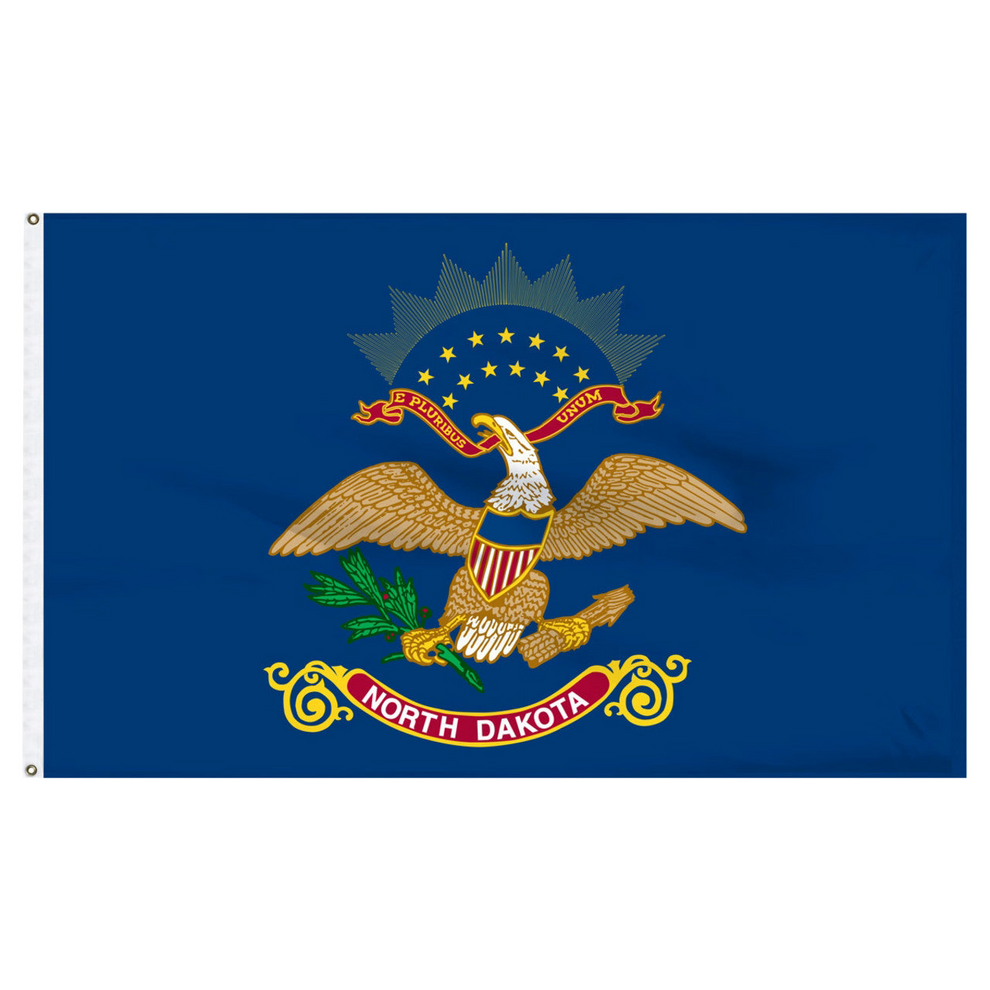 State of North Dakota flag featuring the full-color bald eagle emblem, the 'E Pluribus Unum' motto, and a red 'North Dakota' banner on a dark blue background.