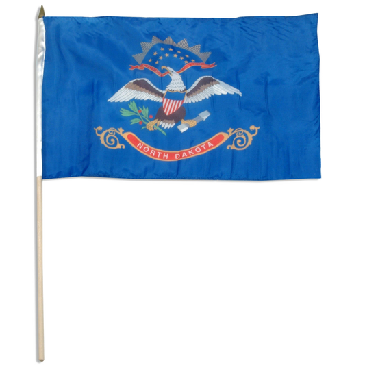 State of North Dakota stick flag featuring the full-color bald eagle emblem, the 'E Pluribus Unum' motto, and a red 'North Dakota' banner on a dark blue background.