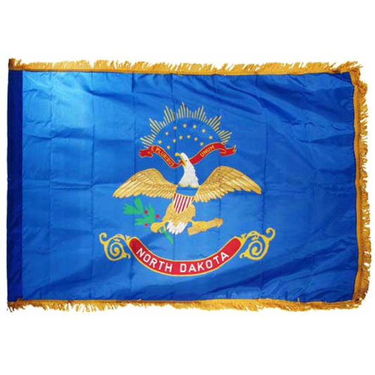 State of North Dakota flag featuring the full-color bald eagle emblem, the 'E Pluribus Unum' motto, and a red 'North Dakota' banner on a dark blue background. This flag features yellow fringe.
