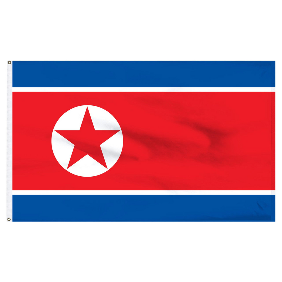 North Korean flag with a red star in the center on a blue and red background