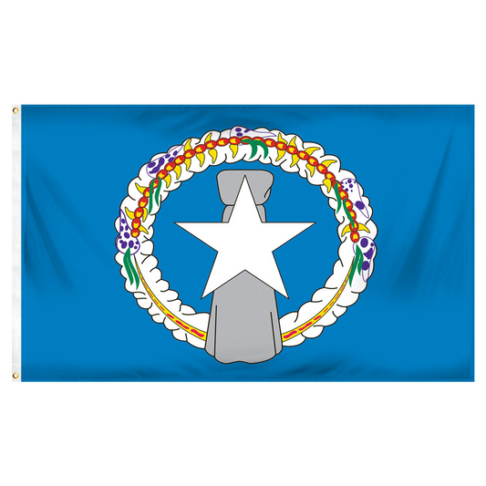 Flag of the Northern Mariana Islands featuring a white star and gray latte stone surrounded by a floral wreath on a blue background.