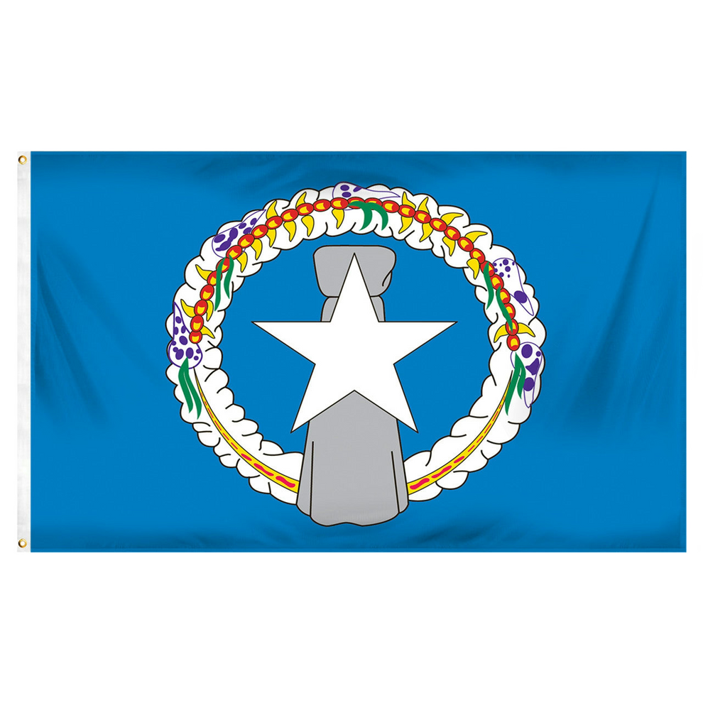 Flag of the Northern Mariana Islands featuring a white star and gray latte stone surrounded by a floral wreath on a blue background.