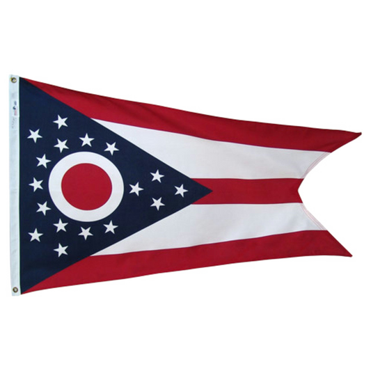 State of Ohio flag featuring the iconic swallowtail shape, five red and white stripes, and a blue triangle with a red and white 'O' surrounded by 17 stars.