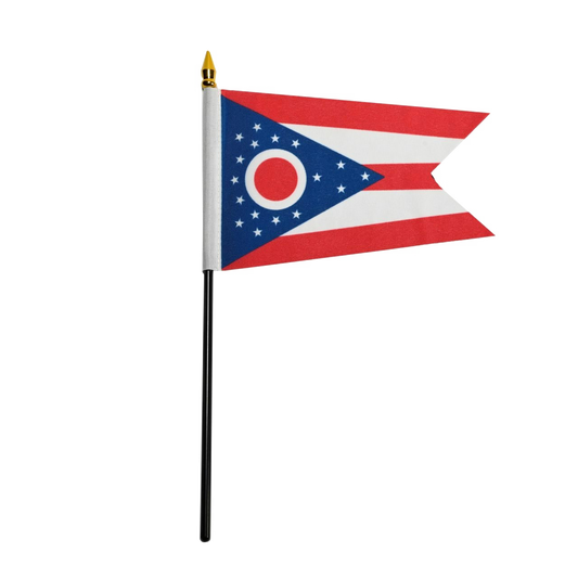 State of Ohio stick flag featuring the iconic swallowtail shape, five red and white stripes, and a blue triangle with a red and white 'O' surrounded by 17 stars.