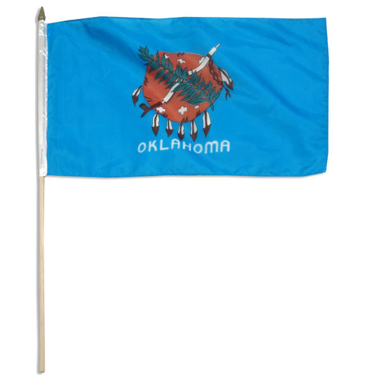 State of Oklahoma stick flag featuring the traditional buffalo-skin shield, peace pipe, olive branch, and white 'Oklahoma' text on a vibrant sky-blue field.