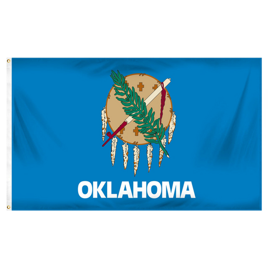 State of Oklahoma flag featuring the traditional buffalo-skin shield, peace pipe, olive branch, and white 'Oklahoma' text on a vibrant sky-blue field.