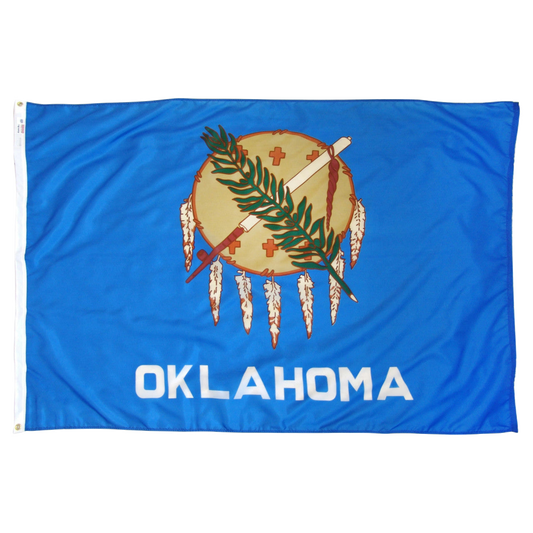State of Oklahoma flag featuring the traditional buffalo-skin shield, peace pipe, olive branch, and white 'Oklahoma' text on a vibrant sky-blue field.