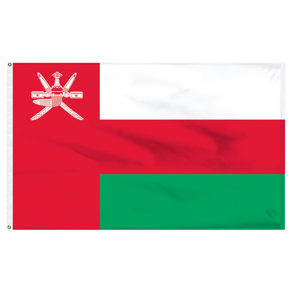Flag of Oman with red, white, and green colors on a white background