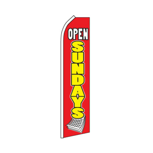 Red flag with 'Open Sundays' text on a white background