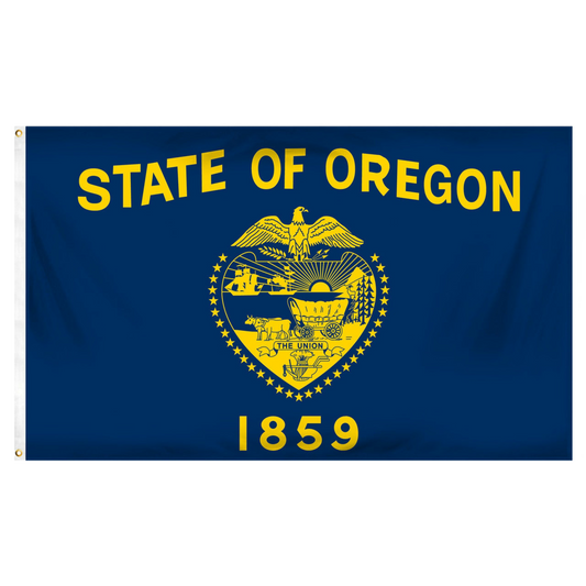 Flag of the State of Oregon with yellow text and emblem on a blue background