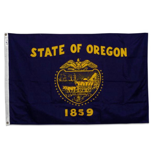Flag of the State of Oregon with gold text and emblem on a blue background