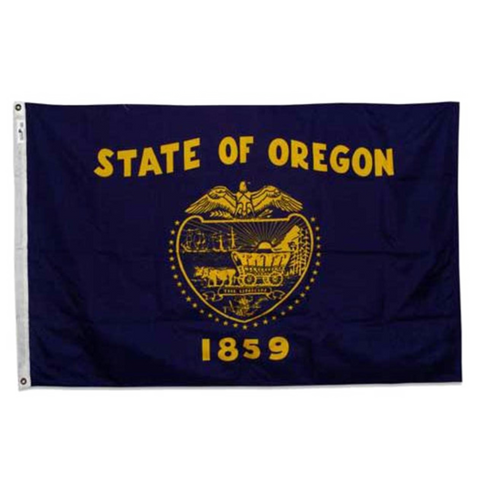 Flag of the State of Oregon with gold text and emblem on a blue background