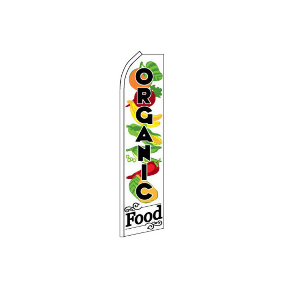 Swooper flag with 'Organic Food' text and vegetables on a white background
