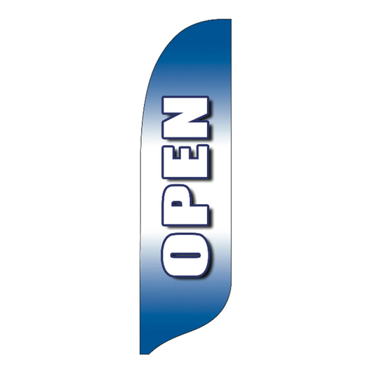 Blue feather flag with 'OPEN' text on a white background