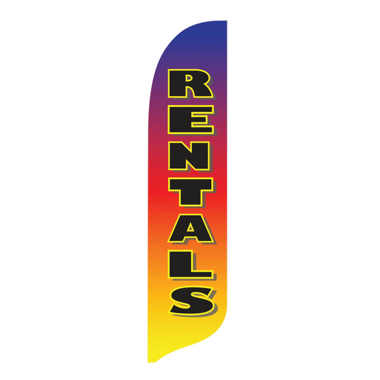 Colorful feather flag with 'RENTALS' text on a white background