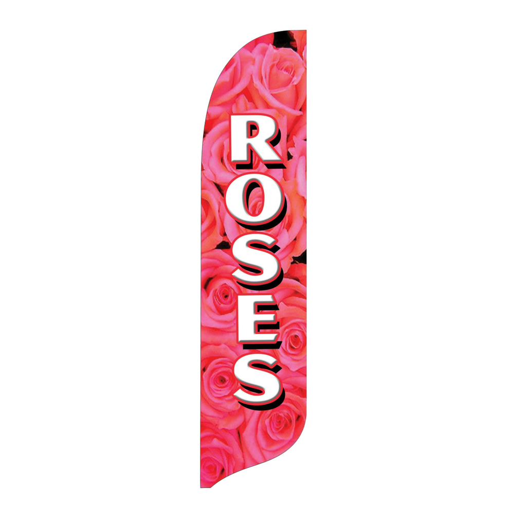 Swooper flag with pink roses and the word 'ROSES' on a white background